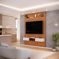 Painel Para Tv Até 65 Polegadas 1,83m Ripado Autêntico Com Led E Nicho Montreal Madeirado/off White - 1