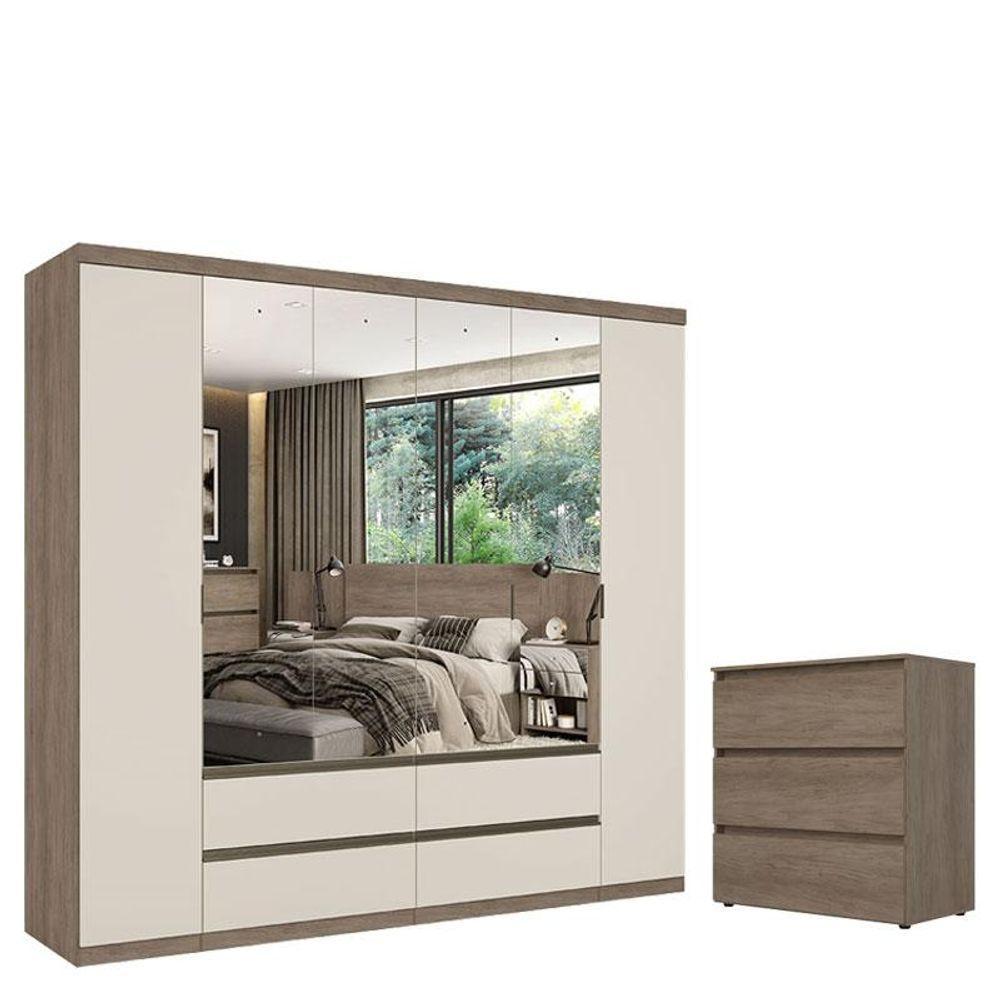Guarda Roupa Casal Nobre 6 Portas Full Glass Rustic Off White E Cômoda Gaveteiro Condessa Rustic Acetinado - Thb - 1