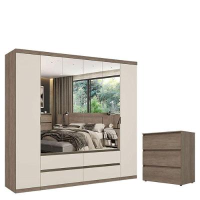 Guarda Roupa Casal Nobre 6 Portas Full Glass Rustic Off White E Cômoda Gaveteiro Condessa Rustic Acetinado - Thb
