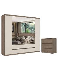 Guarda Roupa Casal Nobre 6 Portas Full Glass Rustic Off White E Cômoda Gaveteiro Condessa Rustic Acetinado - Thb - 1