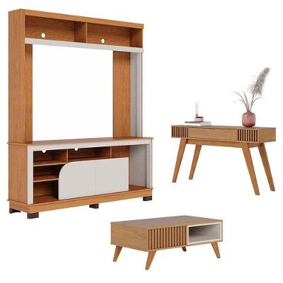 Estante Home Theater Belaya Com Mesa De Centro Jeri Freijó Off White Matte E Aparador Riviera Freijó - Colibri