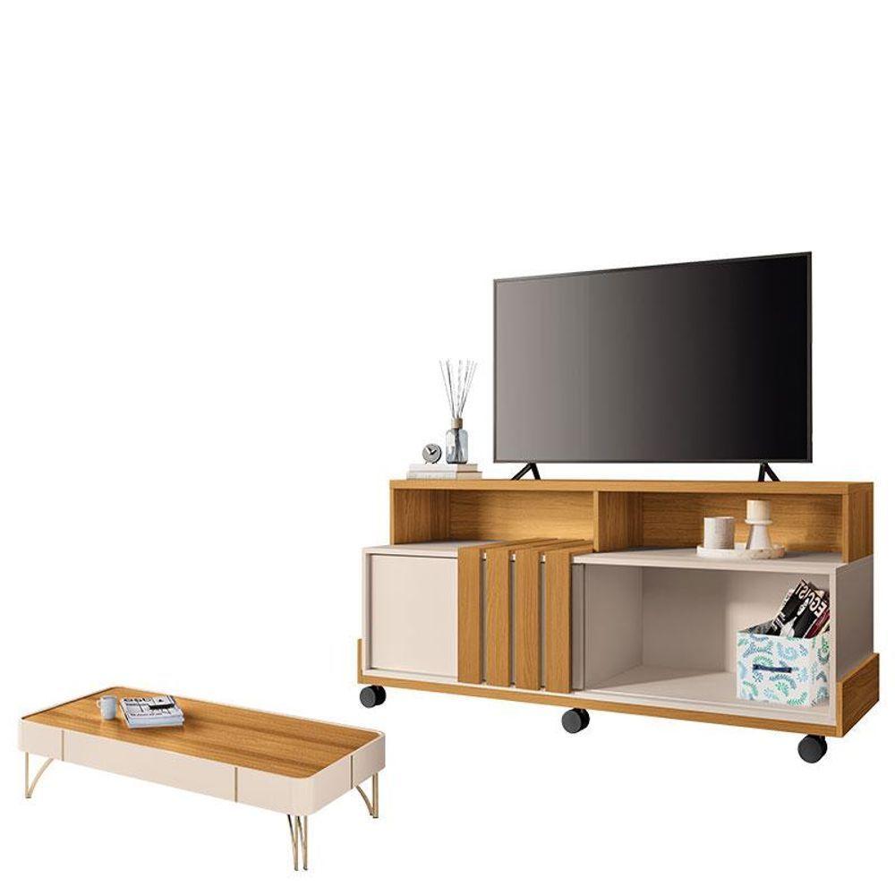 Rack Bancada Graci 1.3 Com Mesa De Centro Cadenza Cinamomo Off White - Hb Móveis - 1