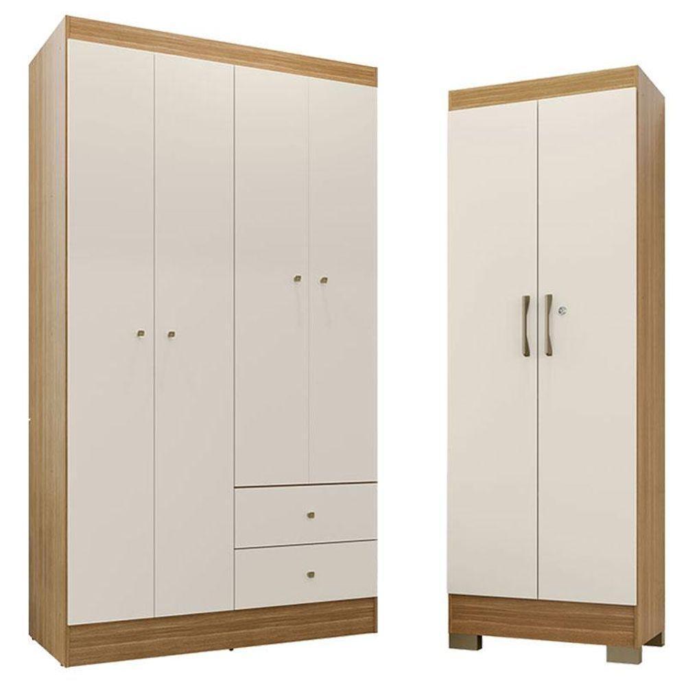 Guarda Roupa Solteiro Versa 4 Portas Com Armário Multiuso Luna Freijó Off White Fosco - Kits Paraná - 1