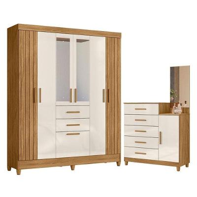 Guarda Roupa Solteiro com Cômoda Malta Lisboa 8 Portas 7 Gavetas MDP MDF Freijó Off White Brilho
