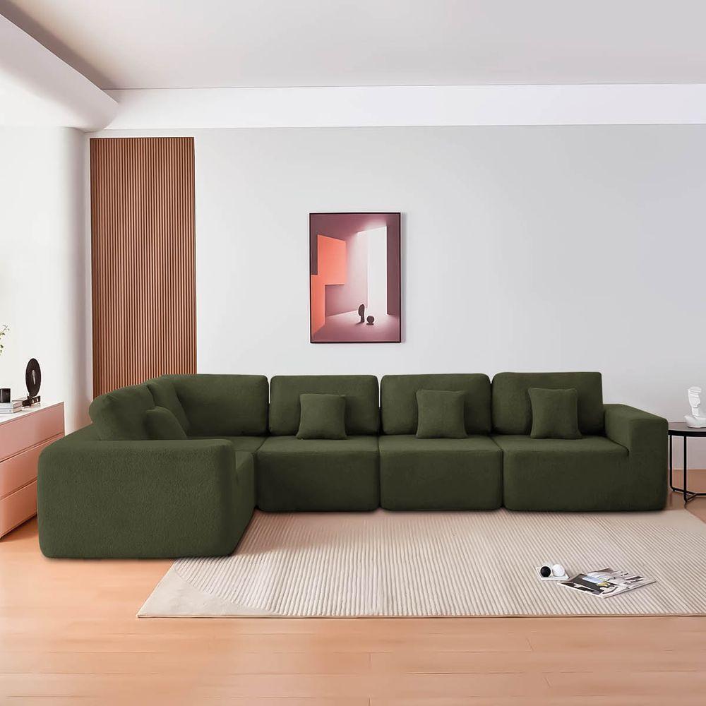 Kit Sofá Modular 5 Lugares Moderno Curvo Orgânico Adapt Linho - Amarena Móveis Verde - 1