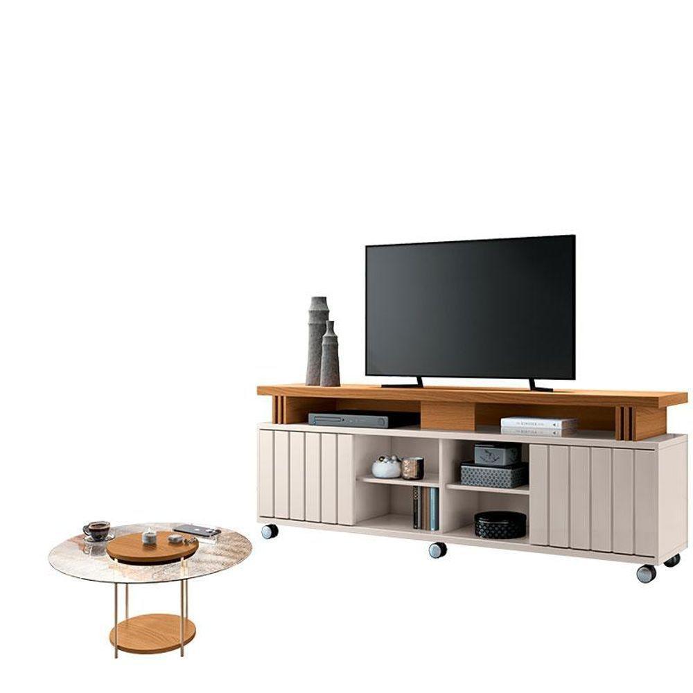 Rack Bancada Rivera 1.8 Com Mesa De Centro Sky Com Tampo De Vidro Cinamomo Off White - Hb Móveis - 1