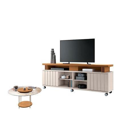 Rack Bancada Rivera 1.8 Com Mesa De Centro Sky Com Tampo De Vidro Cinamomo Off White - Hb Móveis