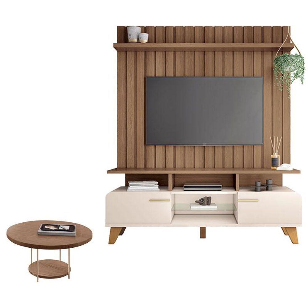 Rack Bancada Essenza E Painel Link 1.6 Com Mesa De Centro Sky Off White Castanho - Hb Móveis - 1