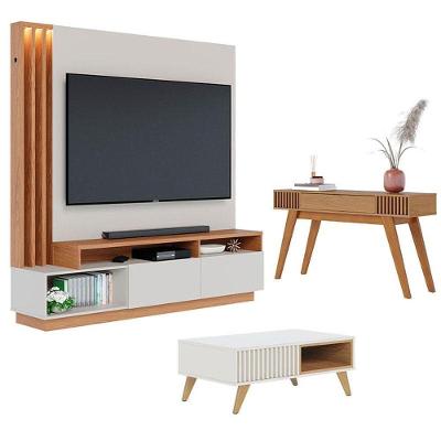 Estante Home Theater Humaitá Com Mesa De Centro Jeri Off White Matte Freijó E Aparador Riviera Freijó - Colibri