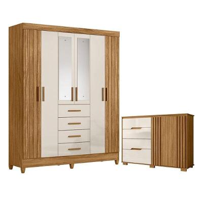 Guarda Roupa Solteiro Aruba Com Espelho E Cômoda Texas Freijó Off White - Moval