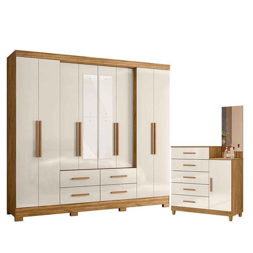 Guarda Roupa Casal San Lorenzo Com Espelho E Cômoda Lisboa Freijó Off White - Moval - 1