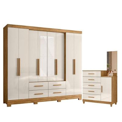 Guarda Roupa Casal com Cômoda San Lorenzo Lisboa 9 Portas 9 Gavetas MDP Freijó Off White Brilho
