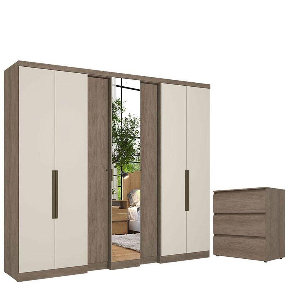 Guarda Roupa Casal Selecto Glass 7 Portas Rustic Off White E Cômoda Gaveteiro Condessa Rustic - Thb - 1