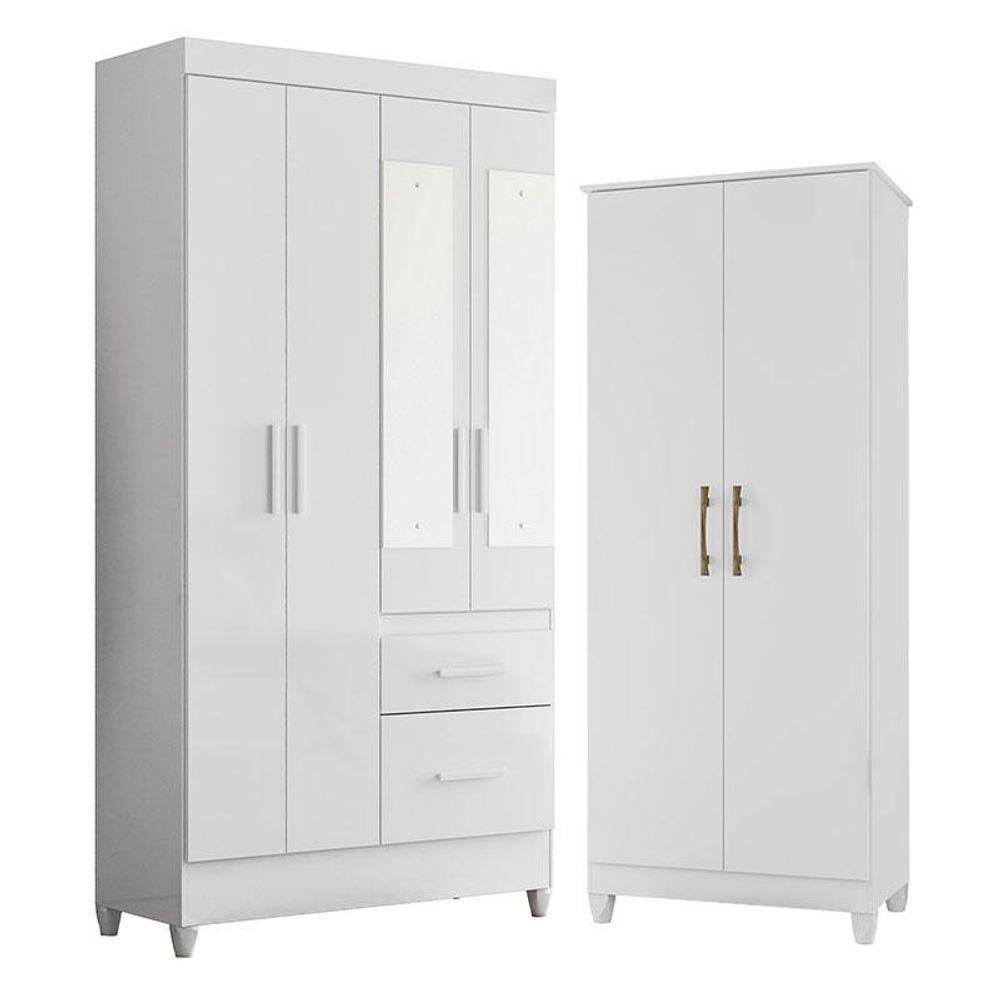 Guarda Roupa Solteiro Madri Com Espelho E Armário Multiuso Jade Branco Brilho - Moval - 1