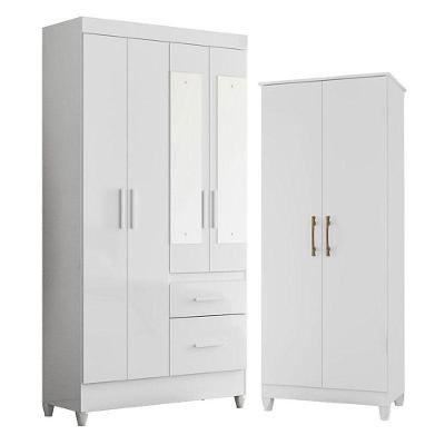 Guarda Roupa Solteiro Madri Com Espelho E Armário Multiuso Jade Branco Brilho - Moval