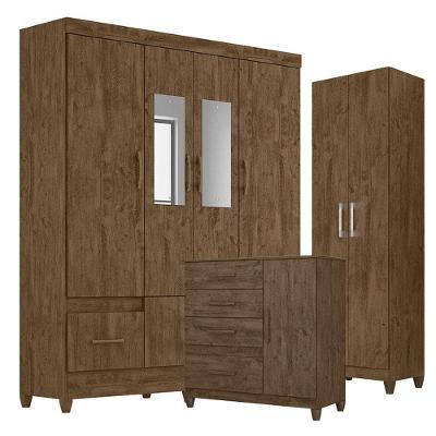 Guarda Roupa Com Espelho Casal Ms912 Com Cômoda Vênus Com Pés E Armário Multiuso New íris Castanho Wood - Moval