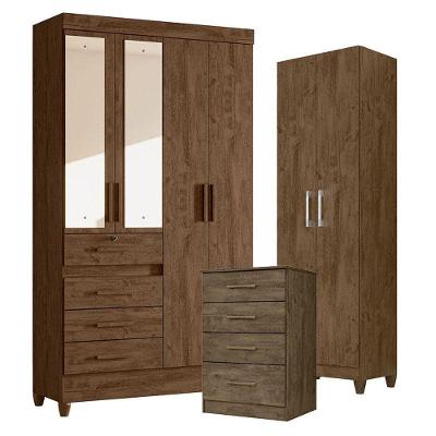 Guarda Roupa Solteiro com Espelho Sobral com Cômoda Ms913 e Armário Multiuso New Íris MDP Castanho