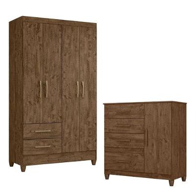 Guarda Roupa Solteiro e Cômoda Chile e Vênus 4 Portas de Bater 2 Gavetas MDP Castanho Wood Flex