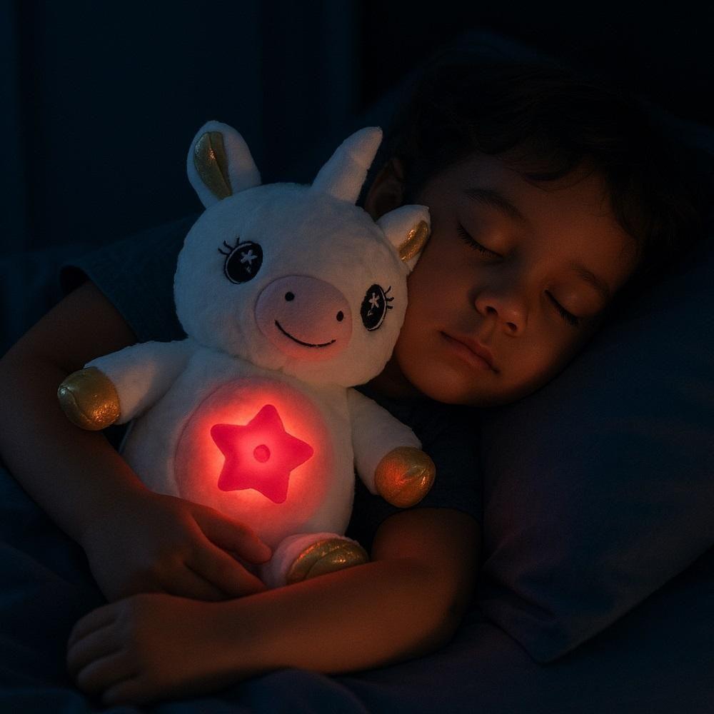 Urso De Pelucia Com Projetor De Estrelas Noite Iluminada Unicornio Musical Luz Noturna Criança Bebe Meninas Branco - 6