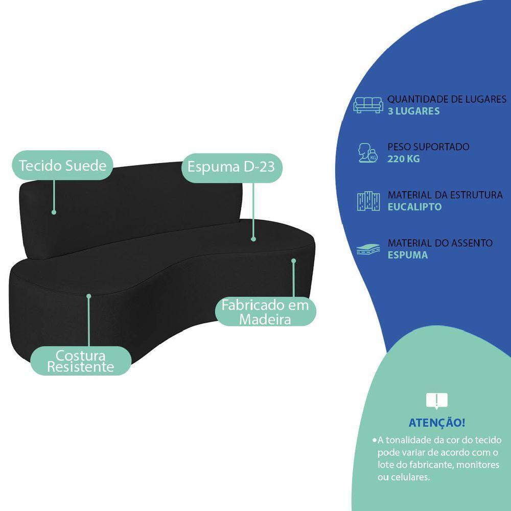 Sofá Curvo 3 Lugares Amsterdã 160cm Suede Cor Preto - 4