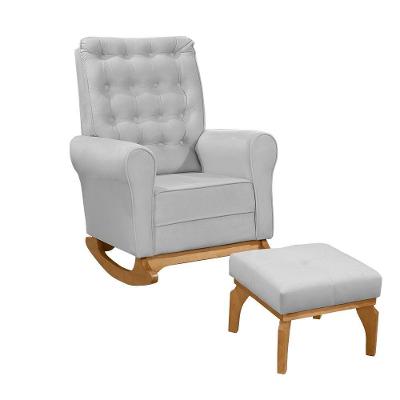 Poltrona De Amamentação E Balanço Páris C/ Puff Veludo Cinza
