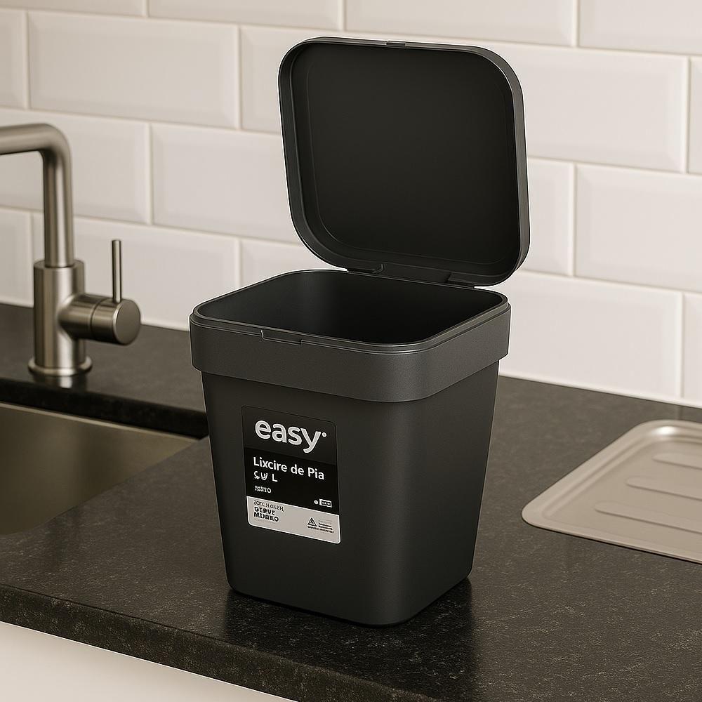Lixeira Pia Cozinha Preta Cesto De Lixo 2,5l Tampa Multiuso Casa Bancada Consultorio Compacta Ecologica - 3
