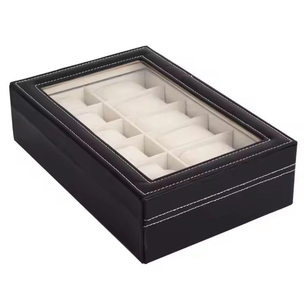 Maleta Porta 12 Relogio Estojo Caixa Organizador Aneis Joias Brincos Em Madeira E Couro Com Visor De Vidro - 4