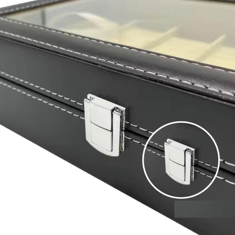 Maleta Porta 12 Relogio Estojo Caixa Organizador Aneis Joias Brincos Em Madeira E Couro Com Visor De Vidro - 7