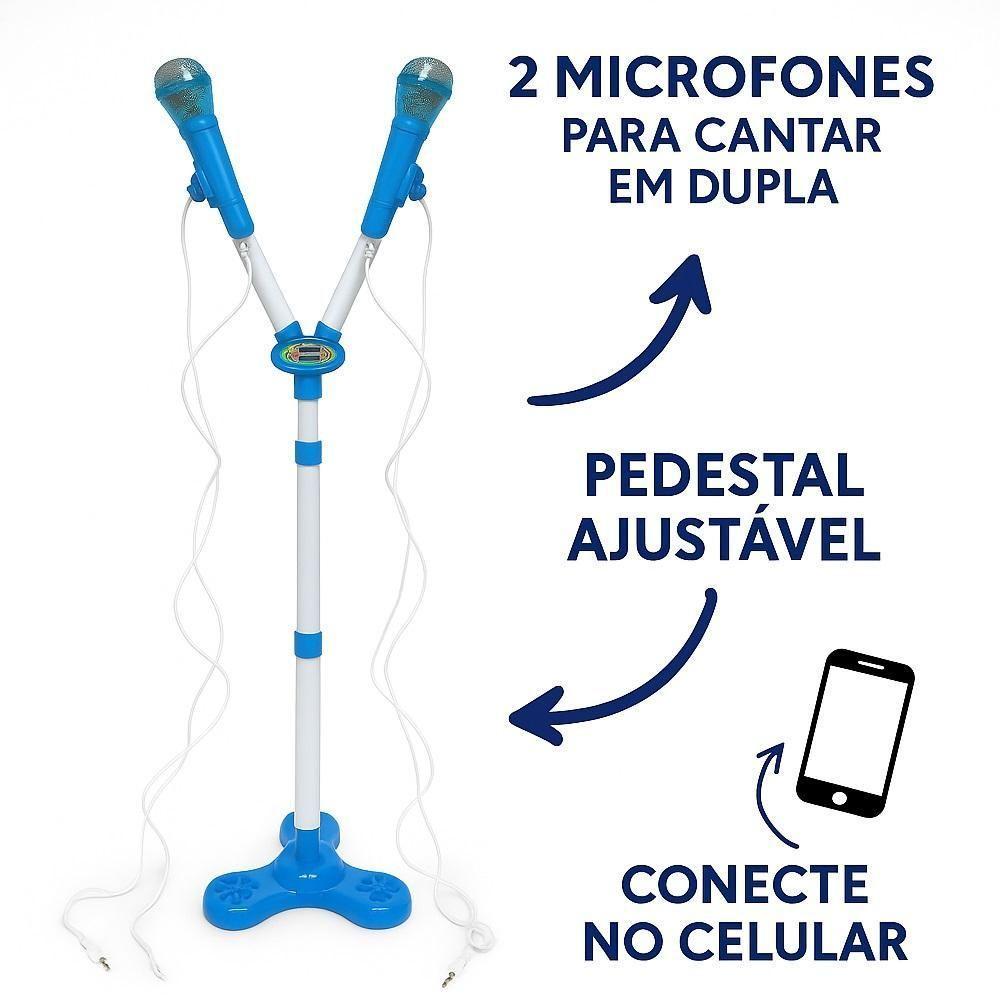 Kit Microfone Infantil Duplo Com Pedestal Conecta No Celular Som E Luz De Led Karaoke Rock Hero Squad Menino - 4