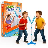 Kit Microfone Infantil Duplo Com Pedestal Conecta No Celular Som E Luz De Led Karaoke Rock Hero Squad Menino - 3