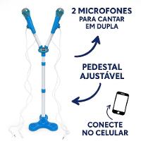 Kit Microfone Infantil Duplo Com Pedestal Conecta No Celular Som E Luz De Led Karaoke Rock Hero Squad Menino