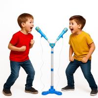 Kit Microfone Infantil Duplo Com Pedestal Conecta No Celular Som E Luz De Led Karaoke Rock Hero Squad Menino - 5