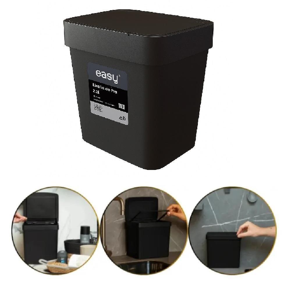 Lixeira Pia Cozinha Preta Cesto De Lixo 2,5l Tampa Multiuso Casa Bancada Consultorio Compacta Ecologica - 1
