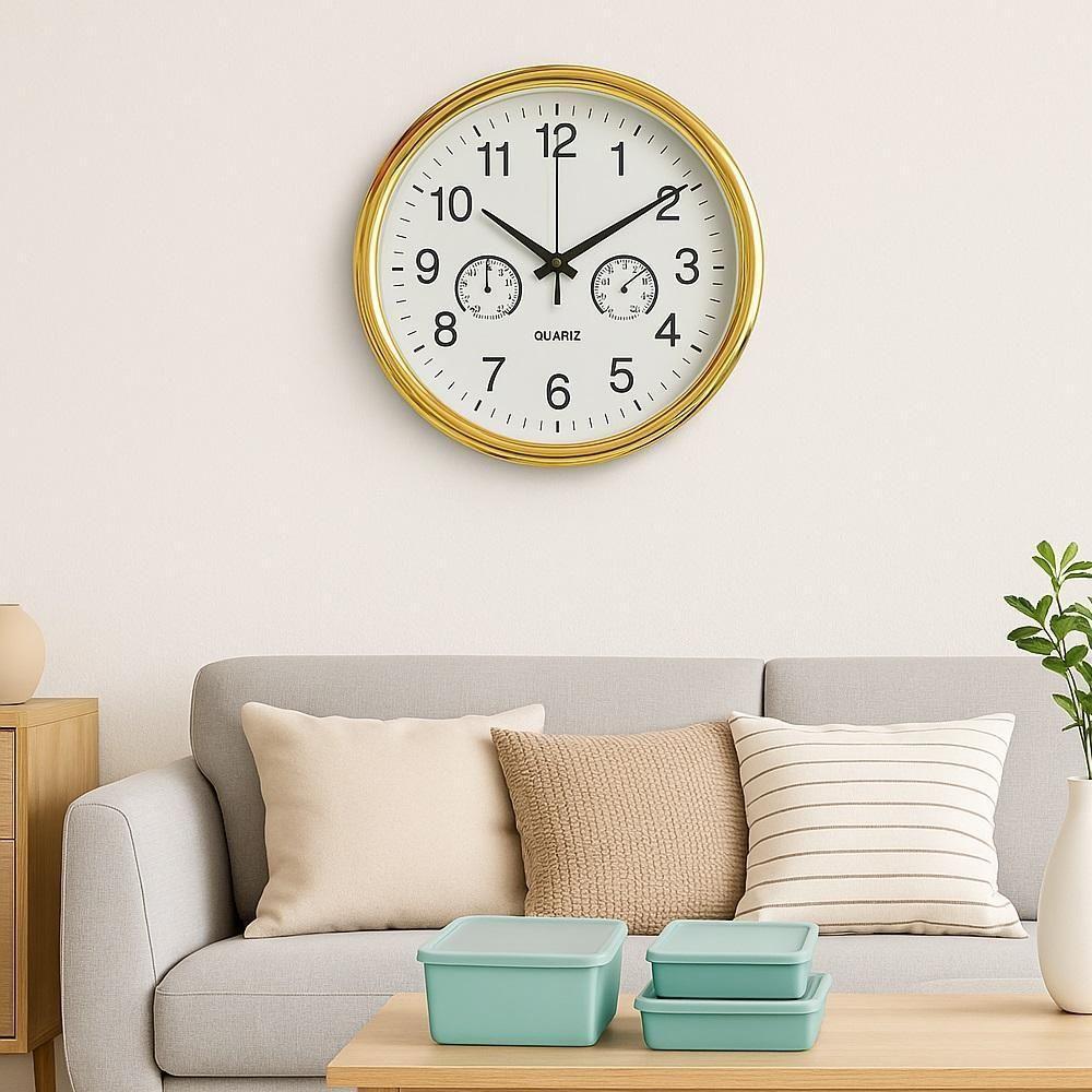 Relogio Analogico Dourado Parede Design Elegante Termometro Higrometro Decorativo Ambientes Casa Sala Funcionalidade E B - 3