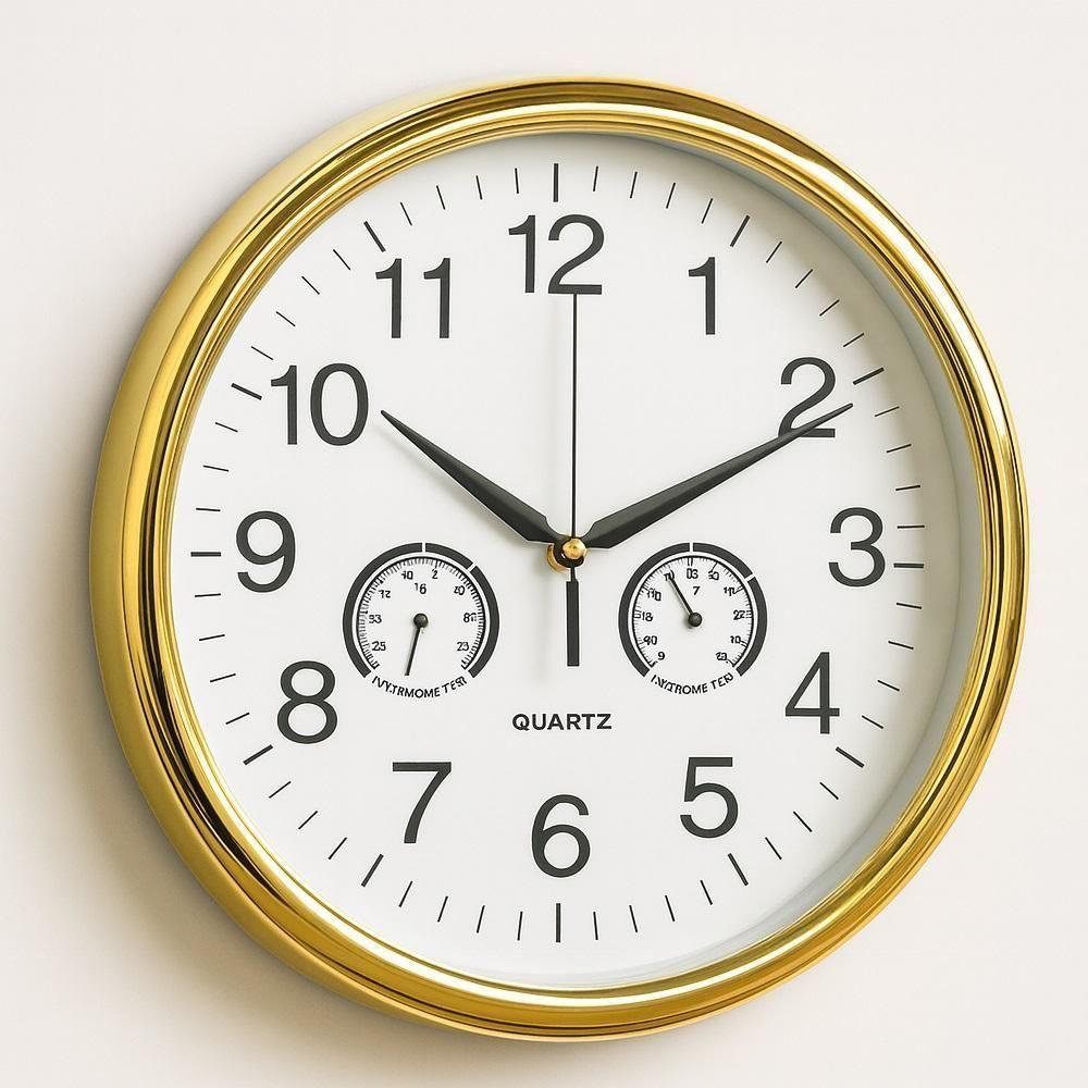 Relogio Analogico Dourado Parede Design Elegante Termometro Higrometro Decorativo Ambientes Casa Sala Funcionalidade E B - 4