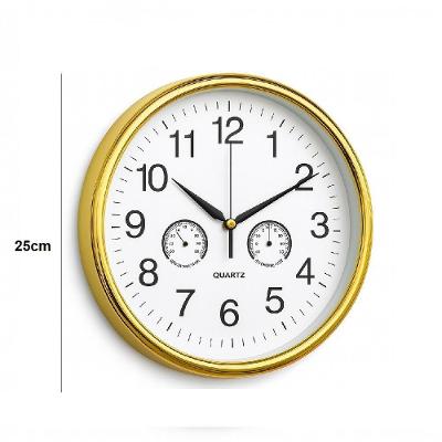 Relogio Analogico Dourado Parede Design Elegante Termometro Higrometro Decorativo Ambientes Casa Sala Funcionalidade E B