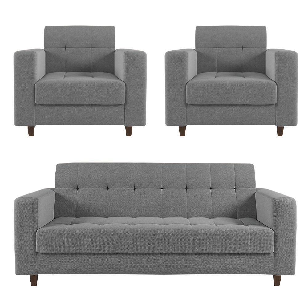 Sofá 2 Lugares E 2 Poltronas Pé Madeira Tabaco Arezo Linho Grafite D01 - D'rossi - 1