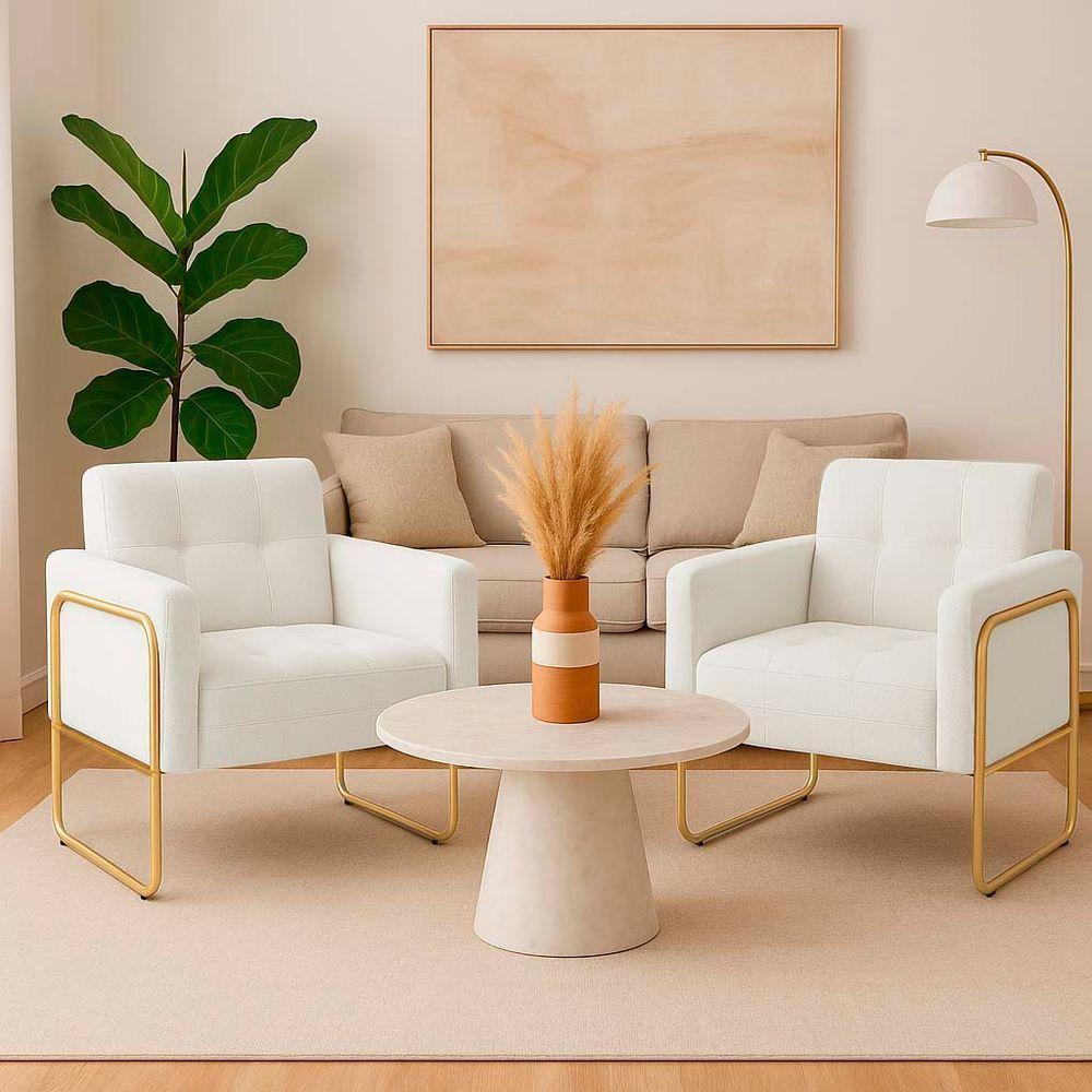 Poltrona Sala Industrial Alta Tubo Dourado Kit 2 Elisa Bouclê D03 - D'rossi Cor Off White - 1