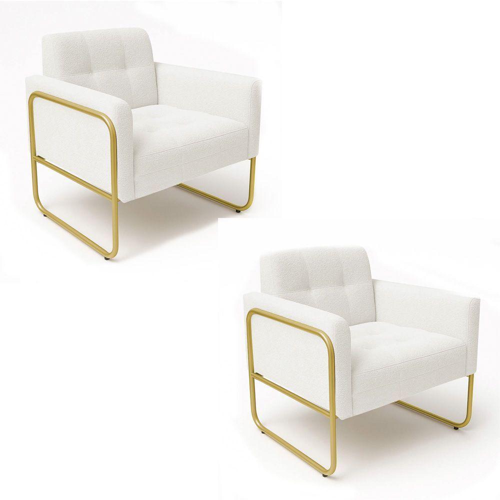 Poltrona Sala Industrial Alta Tubo Dourado Kit 2 Elisa Bouclê D03 - D'rossi Cor Off White - 2
