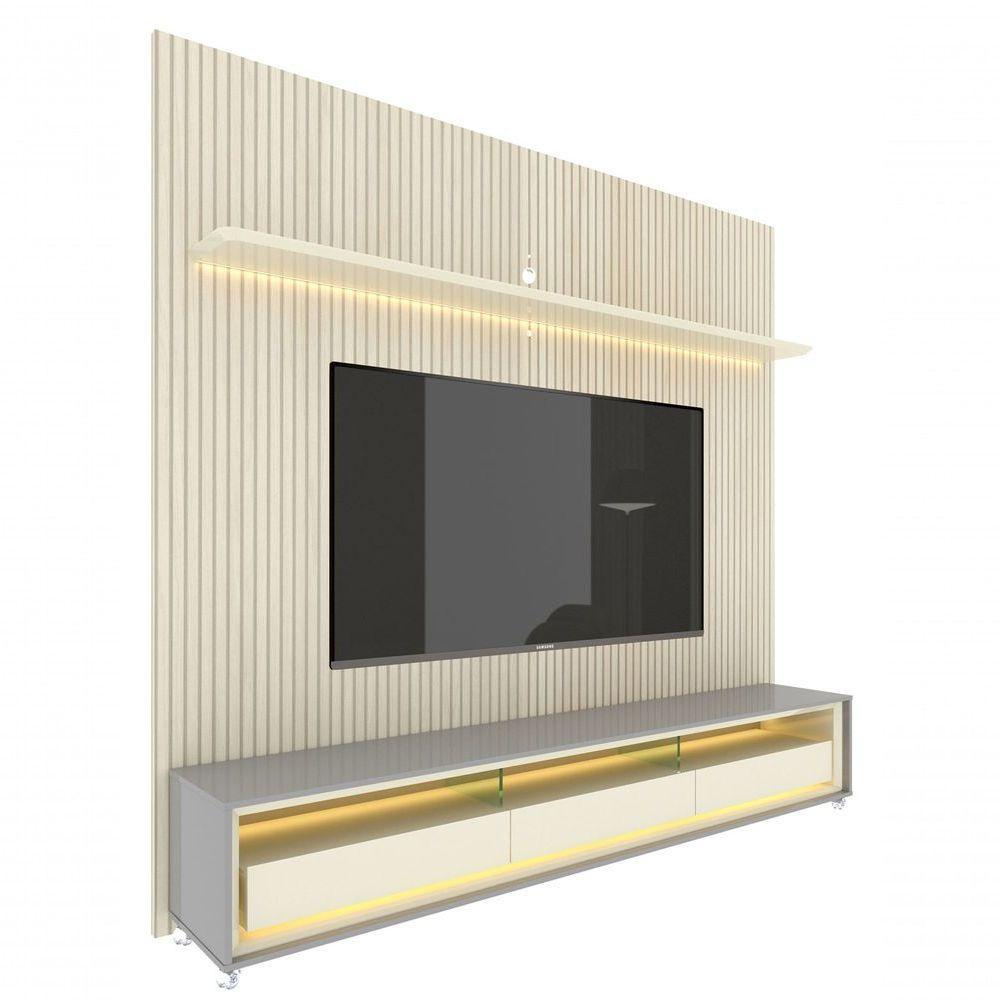 Rack Com Painel Requinte 2.2 Ripado 3d Com Led Cinza Com Off White - Gelius Móveis - 1