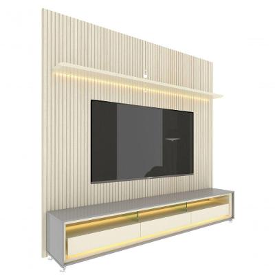 Rack Com Painel Requinte 2.2 Ripado 3d Com Led Cinza Com Off White - Gelius Móveis