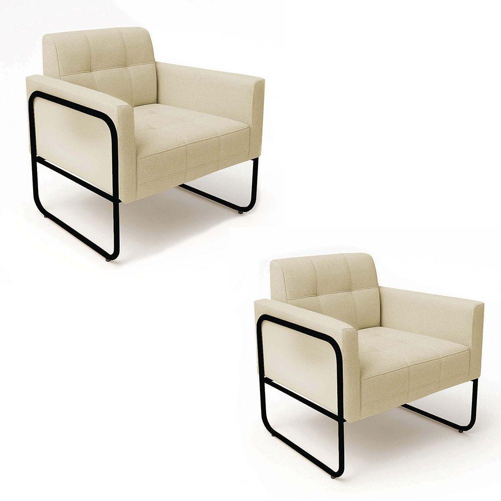 Poltrona Sala Industrial Alta Tubo Preto Kit 2 Elisa Linho D03 - D'rossi Cor Bege - 4