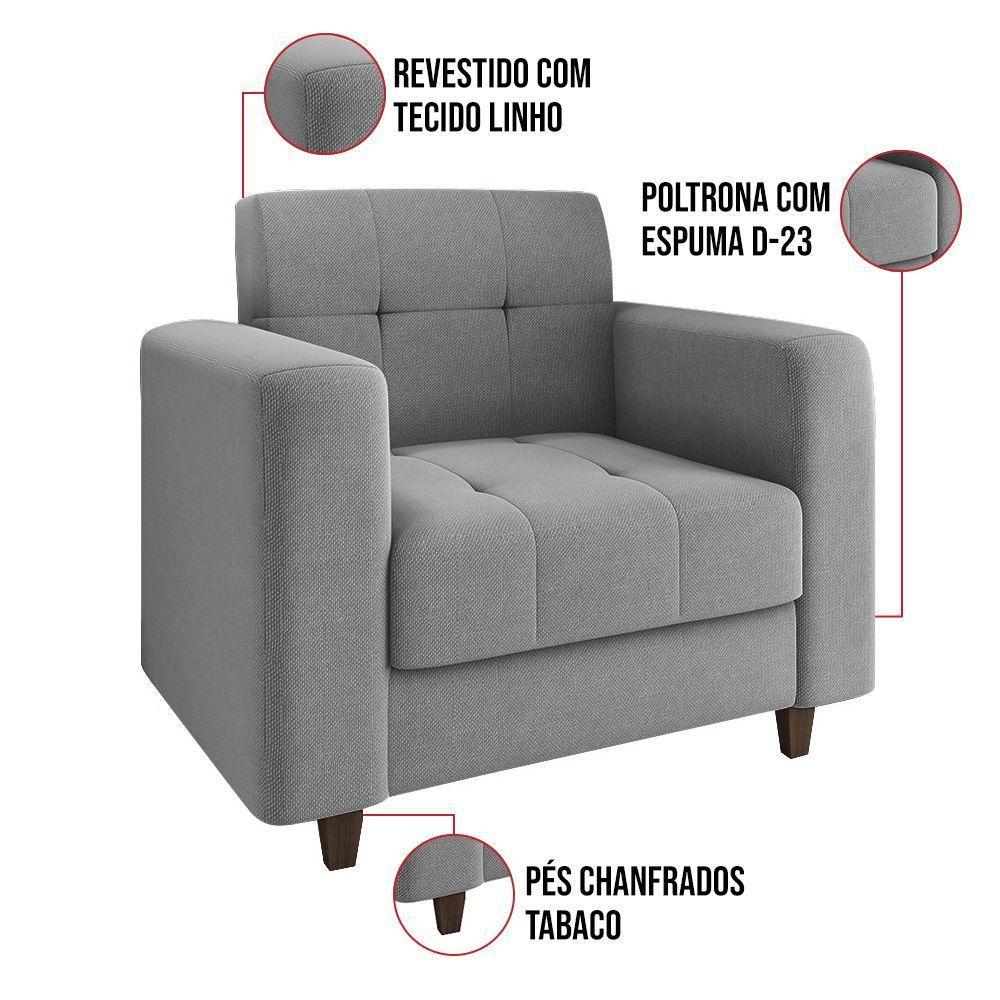 Sofá 2 Lugares E 2 Poltronas Pé Madeira Tabaco Arezo Linho D01 - D'rossi Cor A26 Grafite - 2