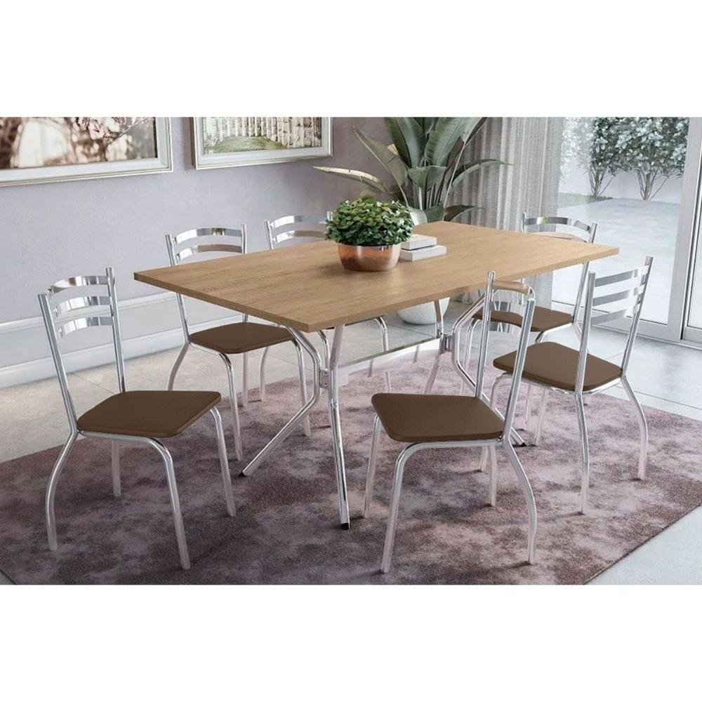 Sala De Jantar Loire Com Tampo De Madeira 160cm 6 Cadeiras Portugal Cromada Capuccino - 1