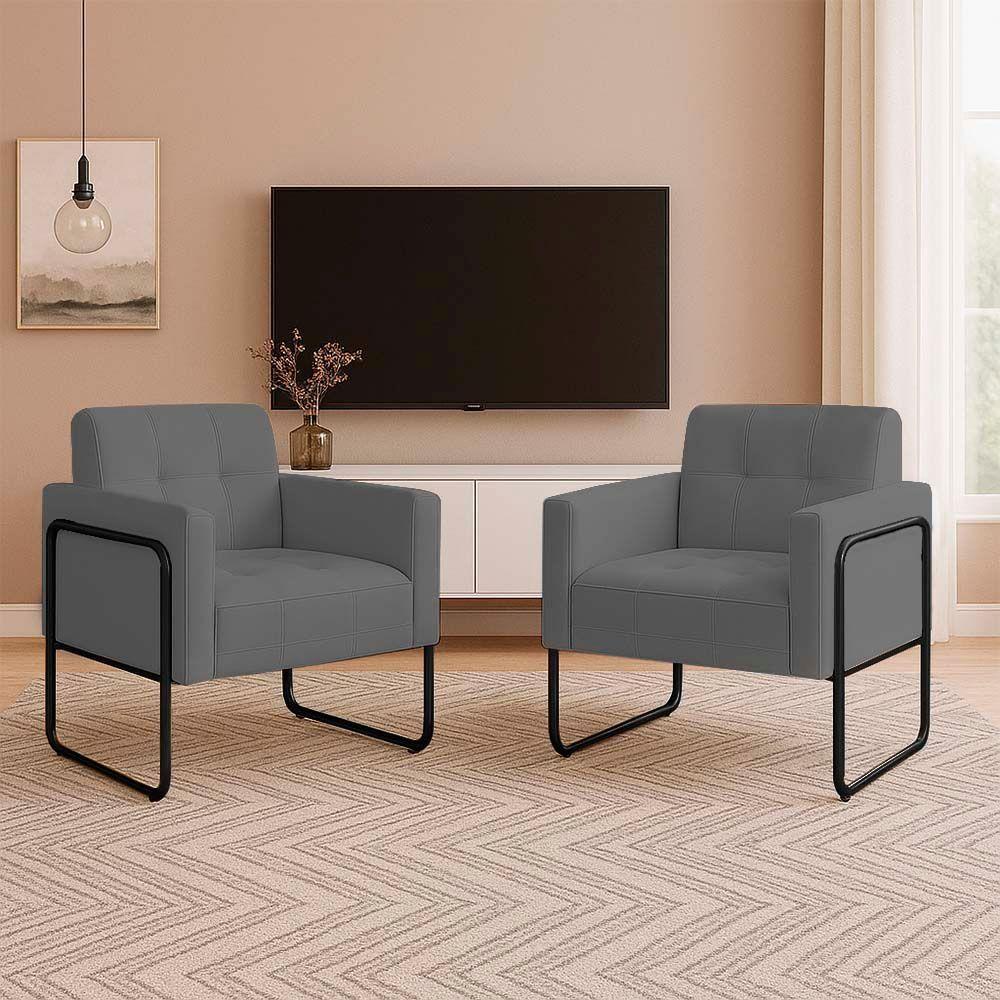 Poltrona Sala Industrial Alta Tubo Preto Kit 2 Elisa Suede Grafite D03 - D'rossi - 1