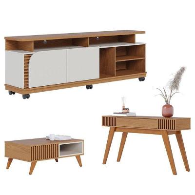 Rack Bancada Jurerê 1.8 Com Mesa De Centro Jeri Freijó Off White Matte E Aparador Riviera Freijó – Colibri