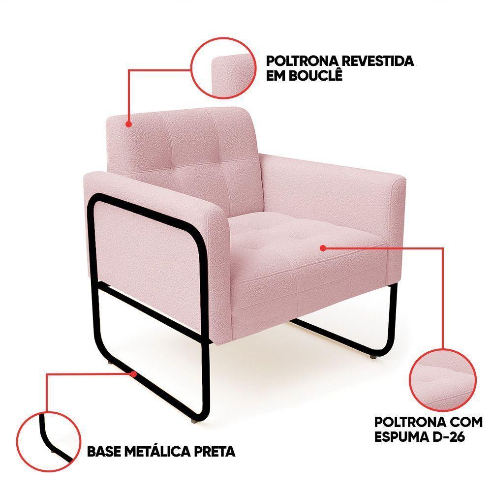 Poltrona Sala Industrial Alta Tubo Preto Kit 2 Elisa Bouclê D03 - D'rossi Cor Rose - 3