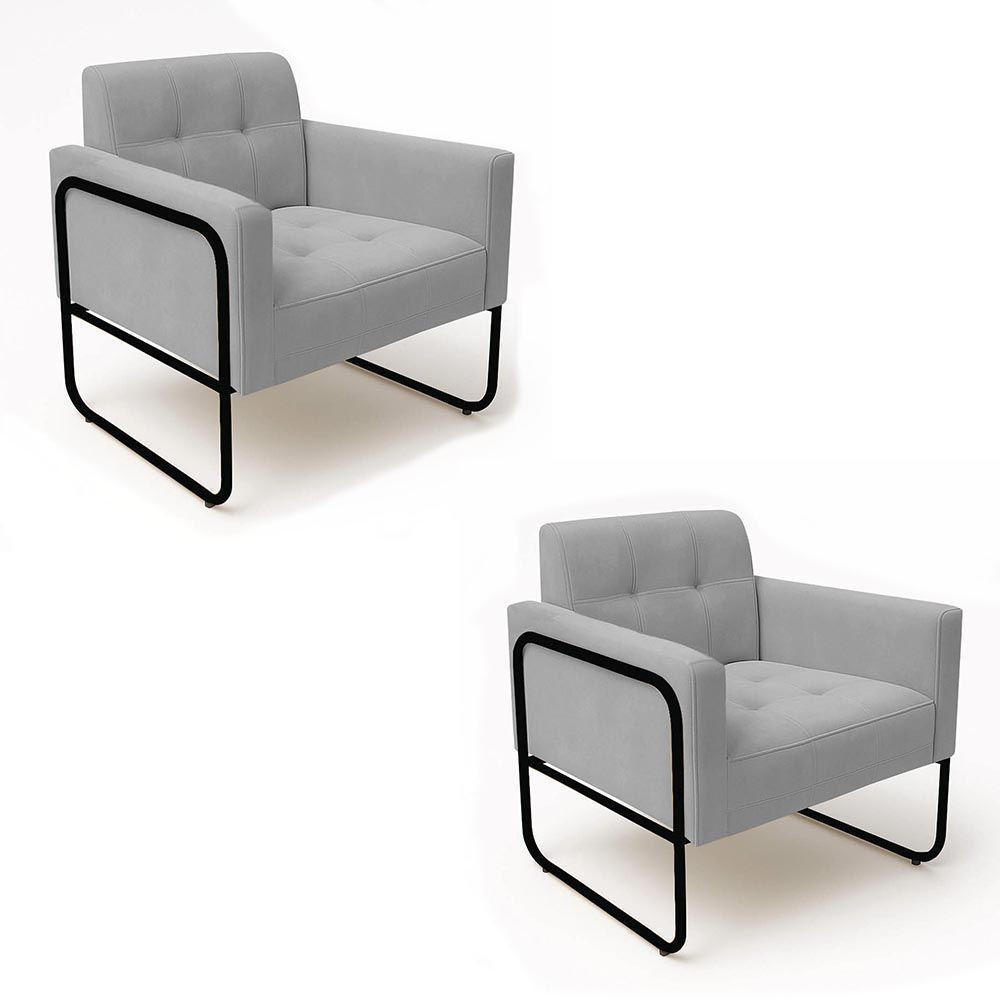 Poltrona Sala Industrial Alta Tubo Preto Kit 2 Elisa Suede Cinza D03 - D'rossi - 5