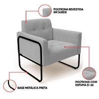 Poltrona Sala Industrial Alta Tubo Preto Kit 2 Elisa Suede Cinza D03 - D'rossi - 6