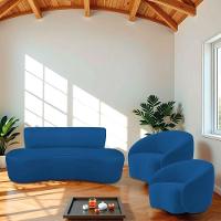 Kit Recamier Curvo Amsterdã 160cm E 2 Poltronas Amore Luxo Linho Cor Azul Royal - 1
